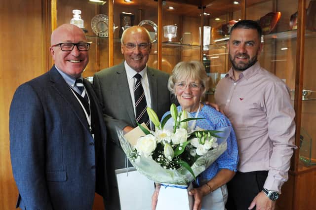 Alex Totten with, from left, Falkirk Chairman Gary Deans, Alex's wife Jessie Totten and son Bruce Totten (Pics by Michael Gillen)