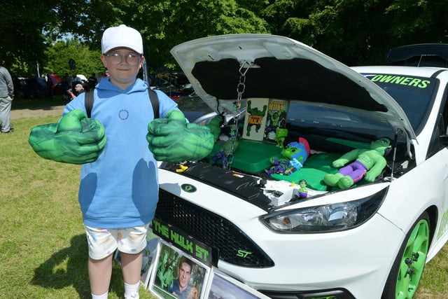 Caden Davidson, 10, from Harthill with a Hulk themed car.
