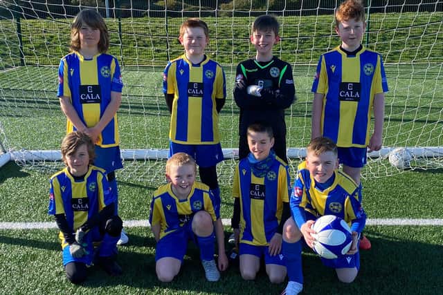Kirkliston and South Queensferry Football Club's 2010 age group. Back row L-R - Louis Fairweather, Callan Kirk, Alfie Drake, Callum Clark. Front row L-R - Louis Squire, Eoin Moodie, Ben McCauley, Haydon King.