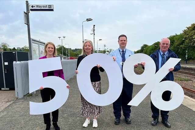 Transport Minister Jenny Gilruth MSP, ScotRail Area Manager Pamela Young, Station Manager Bob Malcolm and Station staff Mark Simpson launch the half price seat sale.