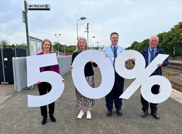 Transport Minister Jenny Gilruth MSP, ScotRail Area Manager Pamela Young, Station Manager Bob Malcolm and Station staff Mark Simpson launch the half price seat sale.