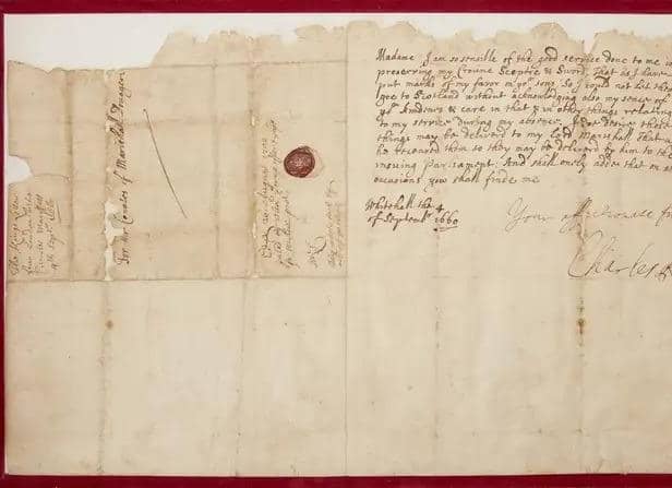 Letter written by King Charles II in 1660 to Lady Mary Erskine, Countess Marischal. Pic: Contributed