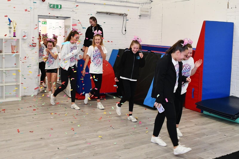 Confetti greets the girls as they arrive at their Grangemouth studio.