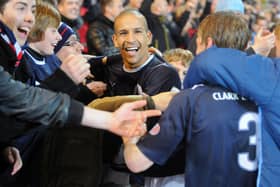 Falkirk players celebrate with fans after landing a semi-final place - they'd later draw Celtic.