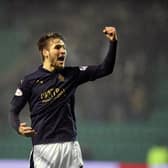 Former Falkirk midfielder Luke Leahy celebrates at Easter Road against Hibs back in 2016 (Photo: Michael Gillen)