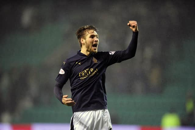 Former Falkirk midfielder Luke Leahy celebrates at Easter Road against Hibs back in 2016 (Photo: Michael Gillen)