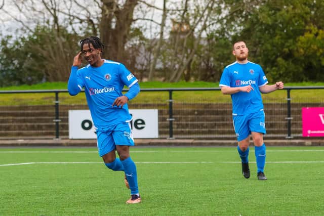 Tiwi Daramola wheels away after scoring his second goal of the game against Livingston United