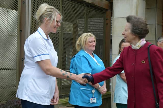 The Princess Royal meeting some of the staff and volunteers at last year's visit to Strathcarron Hospice. Pic: Michael Gillen