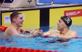 Duncan Scott of University of Stirling and James Guy of Manchester Performance Centre celebrate after winning joint Gold in the Men's 200m Freestyle Final during day six of the British Swimming Championships (Photo by Alex Davidson/Getty Images)