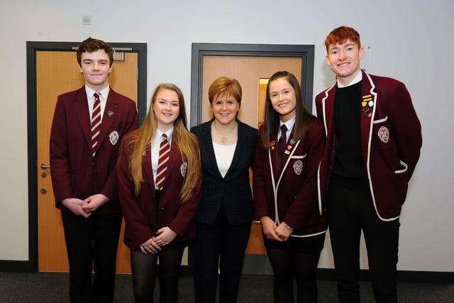 Falkirk High School. Nicola Sturgeon with school captains Logan Sibbald, Kelsey Welsh, Jenna Smith and Louis Smith.