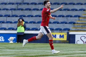KIRKCALDY, SCOTLAND - JANUARY 25: Falkirk's Ross McIver celebrates scoring to make it 2-0 during a William Hill Championship match between Raith Rovers and Falkirk at Stark's Park, on January 25, 2025, in Kirkcaldy, Scotland. (Photo by Mark Scates / SNS Group)