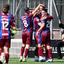 Kyle Banner is mobbed by his team-mates after scoring for Stenhousemuir against Arbroath (Photo: Michael Gillen)