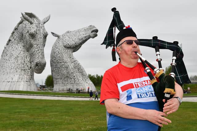 Piper Gordon Fisher plays for The Kelpies ... and all the visitors to the Helix Park as he raises funds for the Teenage Cancer Trust. Pic: Michael Gillen