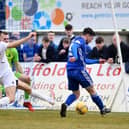 Brown smashes the ball past Mutch to give Peterhead the lead (Pictures: Michael Gillen)