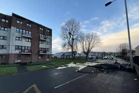 The roof has come off a block of flats in Bowhouse Road, Grangemouth. Pic: Michael Gillen