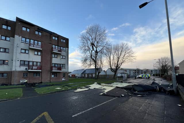 The roof has come off a block of flats in Bowhouse Road, Grangemouth. Pic: Michael Gillen