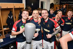 04-05-2024. Picture Michael Gillen. FALKIRK. Falkirk Stadium. Falkirk FC v Alloa Athletic FC. Season 2023 - 2024. Matchday 36. SPFL cinch League One. Trophy Day. Dylan Tait, Aidan Nesbitt and Brad Spencer.