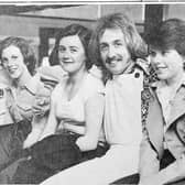 Radio Clyde DJs Tom Ferrie and Bill Smith with guests at the Clyde Disco Roadshow held at Falkirk Town Hall. Stars appearing also included  chart-topping singer Tina Charles.