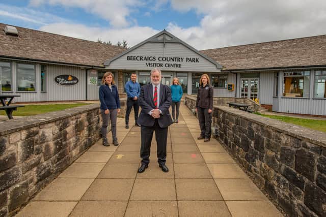 Councillor Tom Conn joined staff from the council’s parks team at Beecraigs to see the arrangements in place for a safe summer with an increase in visitor numbers expected. Photo by Paul Watt.