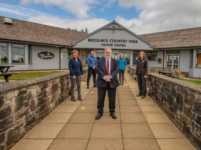 Councillor Tom Conn joined staff from the council’s parks team at Beecraigs to see the arrangements in place for a safe summer with an increase in visitor numbers expected. Photo by Paul Watt.