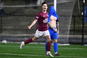 28-12-2024. Picture Michael Gillen. BO'NESS. Newtown Park. Bo'ness Utd v Linlithgow Rose. Lowland League Season 2024 -2025. Linlithgow Rose third goal, Calum Rae 10.