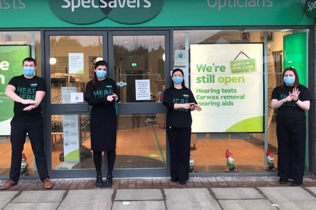 Specsavers Linlithgow staff outside the store (L-R) - Calum Cawley, Kaitlin Nelson, Diana Kelly, Emily Finlayson