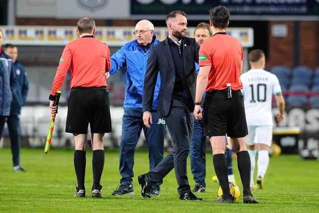 15-05-2021. Picture Michael Gillen. DUNDEE. Dens Park. Dundee FC v Raith Rovers FC. Scottish Premiership play-off semi-final second leg. Raith Rovers manager, John McGlynn and Dundee manager, James McPake at the end of the game.