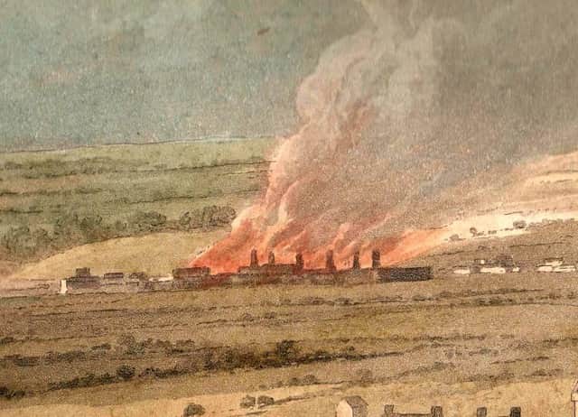 The flaming furnaces of Carron Ironworks in the background of the engraving.