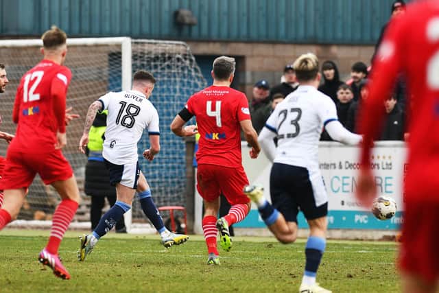09-03-2024. Picture Michael Gillen. STIRLING. Forthbank Stadium. Stirling Albion FC v Falkirk FC. Season 2023 - 2024. Matchday 28. SPFL cinch League One. Second goal Falkirk, Gary Oliver 18.