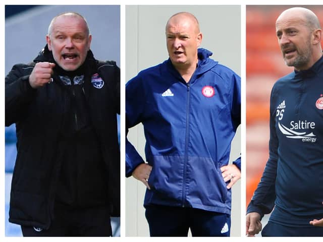 John Hughes, Brian Rice and Paul Sheerin are amongst the names being linked with the vacant Falkirk manager's job (Pics: SNS & Michael Gillen)