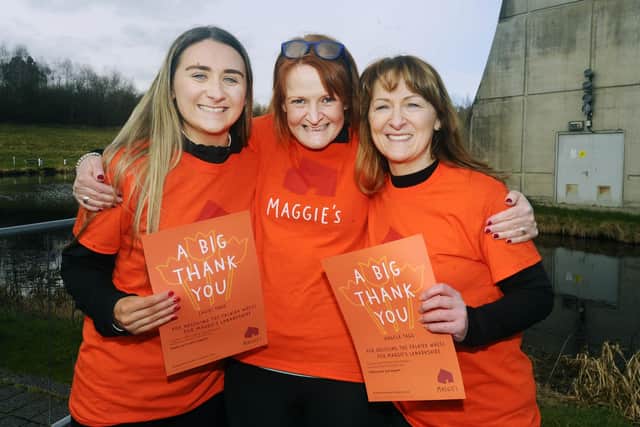 Breast cancer survivor Angela Tagg, right, with daughter Lauri and Maggie's staff member Heather McArthur after last year's abseil. Pic: Alan Murray