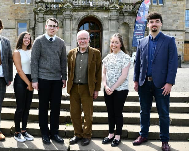 Dennis Canavan with the finalists in the 2023 scholarship award - winner Sophie Wood was working in American and unable to attend. Pictured: Cameron McPhee; Keira Nichol; Lawson McNaughton, highly commended; Dennis Canavan; Molly McGhee and Christopher Chalmers. Pic: Michael Gillen