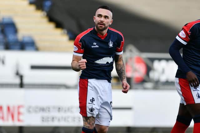 Jordan Allan celebrates making it 1-0 to Falkirk against Queen's Park in the SPFL Trust Trophy third round (Pictures by Michael Gillen)