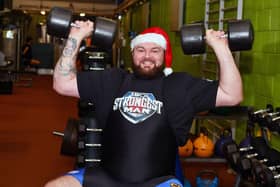 Andy Black from Cumbernauld promoting the launch of Scotland's Strongest Man, which will take place at Grangemouth Stadium next summer (Pic: Michael Gillen)