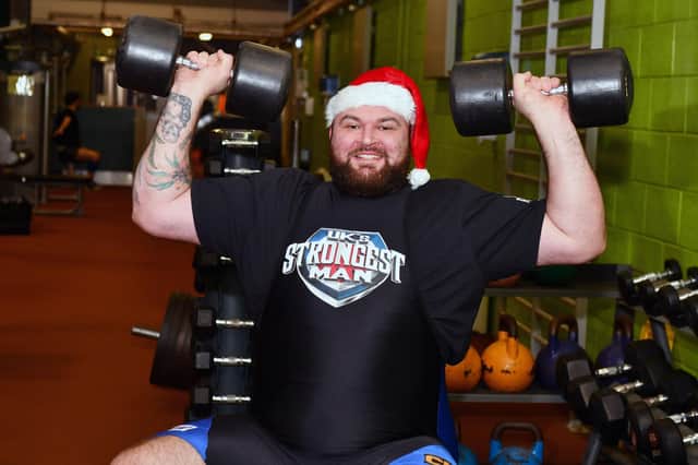 Andy Black from Cumbernauld promoting the launch of Scotland's Strongest Man, which will take place at Grangemouth Stadium next summer (Pic: Michael Gillen)