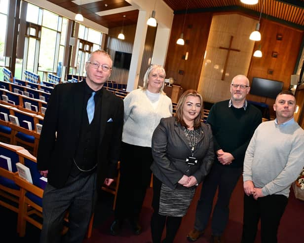 Councillor Stacey Devine (centre) joins staff at Falkirk's Crematorium. Pic: Falkirk Council