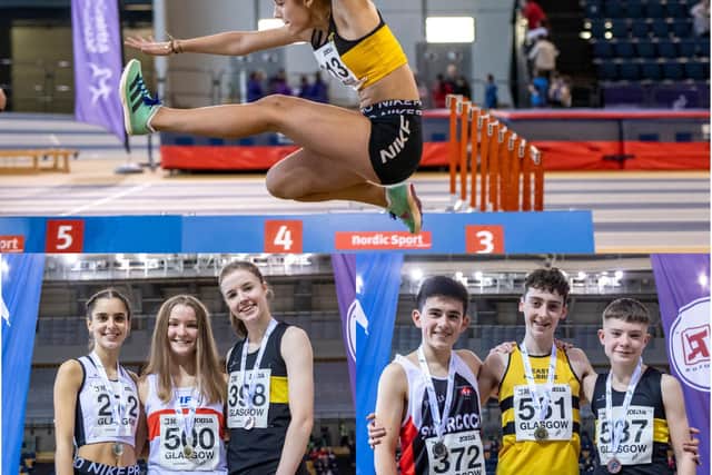Victoria Anestik, top, gold in the long jump; Abbi MacLeod, left, 800m bronze; Ray Taylor, right, 1500m bronze (Pics by Bobby Gavin/Scottish Athletics)