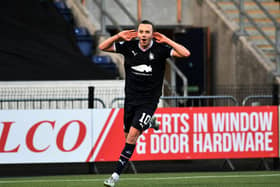 Aidan Nesbitt celebrates scoring against Montrose (Pics by Michael Gillen)