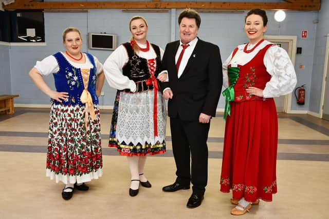 Parzenica Scotland, Polish folk dance group, celebrates its first year anniversary. Pictured, left to right: Natalia Nowak; Renata Carter, founder; Provost Robert Bissett and Klaudia Sobczyk.