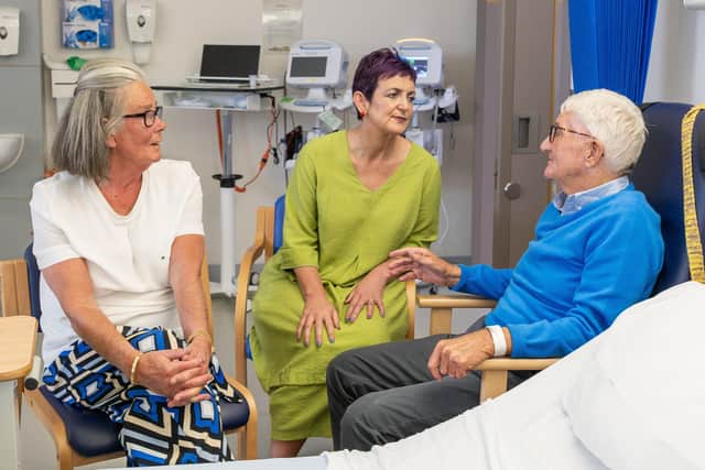 Angela Constance, Cabinet Secretary for Health and Care, visited the hospital to announce national plans for improving hospital flow. She is pictured with Graham Mcara from Grangemouth in the Acute Assessment Unit. Graham is also a volunteer in the ED.