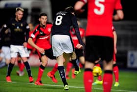 18-03-2016. Picture Michael Gillen. FALKIRK. Falkirk Stadium. Falkirk FC v Rangers FC. SPFL Ladbrokes Championship. Falkirk first goal, Blair Alston 8.