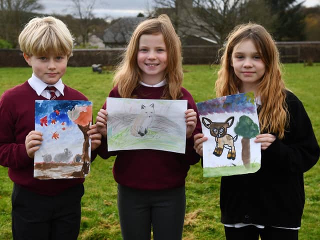 Drumbowie Primary School P5 pupils Brodie Young, Orlagh Lindsay and Rhianne Craig display their winning nature designs