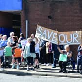 Around 80 people from Tamfourhill turned up at the bus depot to protest about the number 6 bus service being axed. Pic: Michael Gillen