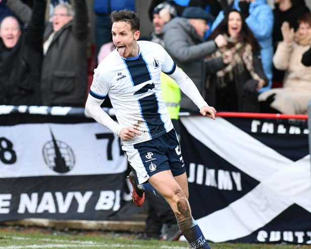 Liam Henderson celebrates after scoring Falkirk goal in 2-1 defeat at Bonnyrigg Rose last week (Pic by Michael Gillen)