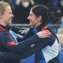 BEIJING, CHINA - FEBRUARY 20: (L-R) Gold medal winners Milli  Vicky Wright and Eve Muirhead of Team Great Britain stand on the podium with their medals during the medal ceremony after during the Women's Gold Medal match between Team Japan and Team Great Britain at National Aquatics Centre on February 20, 2022 in Beijing, China. (Photo by Lintao Zhang/Getty Images)