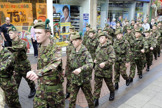 Cadets parade through La Porte Precinct.