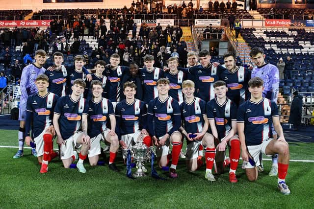 A youthful Falkirk team secured the Stirlingshire Cup in style on Tuesday night after a 5-1 win over League Two outfit Stirling Albion in this season’s final (Pictures by Michael Gillen)