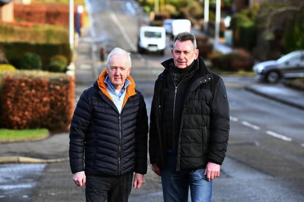 Concerns over speeding traffic on B810 Shieldhill Road were raised earlier this year by Reddingmuirhead and Wallacestone Community Council. Pictured: left, Ian Shotliff, secretary and James McGovern, vice convenor