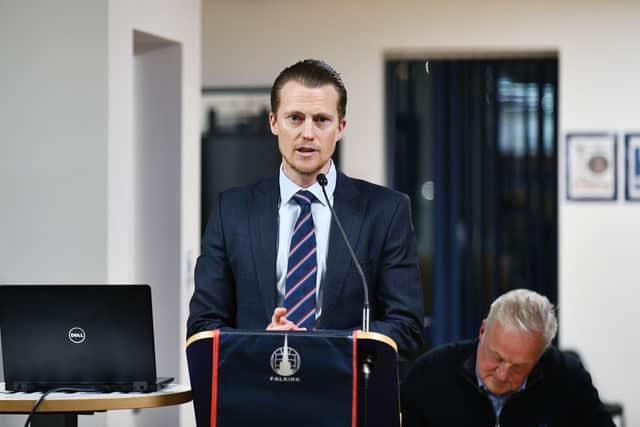 Falkirk chief executive officer Jamie Swinney speaking at the club's 2024 AGM back in October (Photo: Michael Gillen)