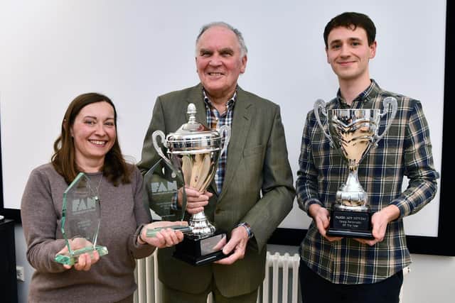 Pat Reid is presented with Personality of the Year, and Calum Stevenson with Young Personality by Kathryn Grainger chair of Falkirk Arts Network.